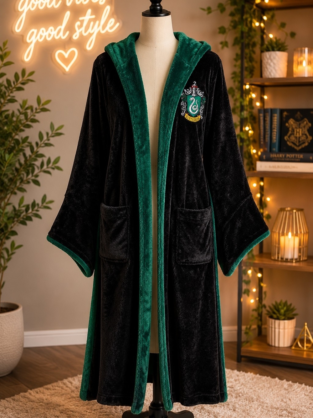 Green Trim Black Plush Hooded Robe with Embroidered Crest